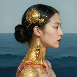 portrait of a chinese woman :: side profile :: blood :: background sea :: intricate details in gold :: oxygen implant :: 8k :: simon stalenhag and Sandra Chevrier