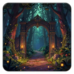 a hq artstation, beautiful digital glossy clear sharp of a detailed mystical fantasy illustration concept art colorful forest trees fireflies fantarsy gate road pathway by james gurney, rolf armstrong, dark constrast 8 k resolution trending on artstation