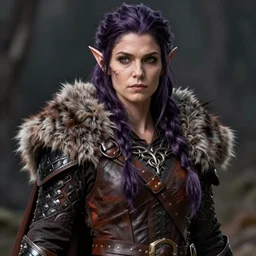 anya charlota as a medieval fantasy tolkien elf, dark purplish hair tucked behind ears, wearing leather with a fur lined collar, wide, muscular build, scar across the nose, one black, scaled arm, cinematic, character art, digital art, realistic. 8 k, detailed.