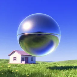a chrome orb flying over a house in a meadow with blue sky. slick, futuristic design. deep colorful soft gradients, and translucence. pre - 2 0 0 0 s era. vintage computer art, early computer graphics. art by stanislaw fernandes