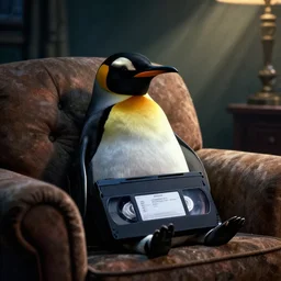 a penguin in couch, night, cinestill 8 0 0 t, vhs tape, global illumination, 8 k post - processing highly detailed, hyper realistic, film grain, god rays, cinema filter, directed by tim burton