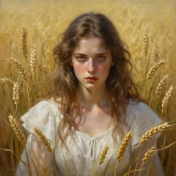 Hyper realistic detailed painting of a Paludnitsa! (in a lush wheat crop). Perfect face, beautiful!!, white dress, menacing!, melancholic!!, dreamlike, highly detailed, sharp focus, digital painting, art by Eddie Mendoza, detailed and intricate environment, highly detailed, award winning art.