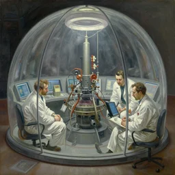 scientists programming a doomsday device in a dome - shaped control center, grant wood, pj crook, edward hopper, oil on canvas