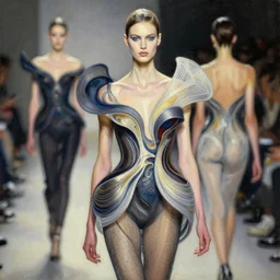 an intricate realistic oil painting of a fashion model resembling lily cole, wearing avant garde fashion, clothing by alexander mcqueen, clothing by iris van herpen, headspace, runway, by tom bagshaw, by karol bak, emil melmoth, by greg rutkowski