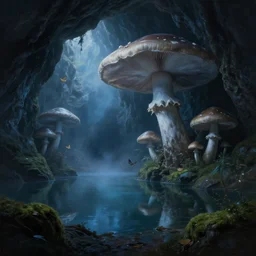 a mystical cave with huge mushrooms, still water calm as a mirror, dark rocks, shadows, mossy ground, atmospheric, butterflies, misty, masterpiece, very detailed, cold blue light, trending on artstation, hyperrealistic, painted by Jessiah Thomason