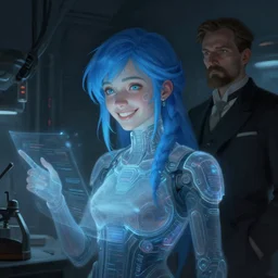 in the style of makhno lenin, sci fantasy : : digital painting : : pale hologram smiling science girl blue hair : : dark futuristic lab