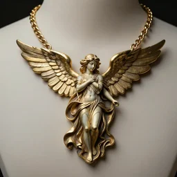 hyperrealistic detailed necklace made like seraphim angel with cinematic sharp focus 8 k in style of alfons mucha as a necklace