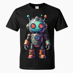 mockup of a black tshirt with a hyperdetailed portrait of a trippy steam punk robot, 8 k, symetrical, flourescent colors, happy mood, multicolored,
