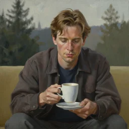 painting Kyle MacLachlan Twin Peaks drinks coffee by Mark Brooks