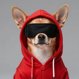 a chihuahua wearing a red hoodie and black eyemask!!, intricate, hyper detailed, ultra definition, photoreal, artstation, unreal engine rendered, concept art, smooth, sharp focus, illustration
