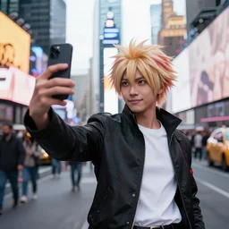 hisoka taking a selfie at times square, high quality