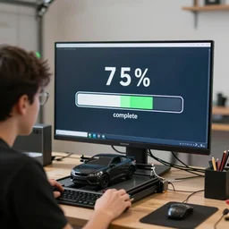 a person 3 d printing a car in their garage. their computer nearby shows a giant download progress bar that is 7 5 % complete.