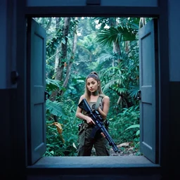 film still, extreme far view, ariana grande, jungle, vietnam door gunner, apocalypse now, associated press, 2 6 mm, kodak ektachrome, blue tint expired film