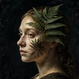 a woman's face in profile, made of fern skeleton, in the style of the dutch masters and gregory crewdson, dark and moody