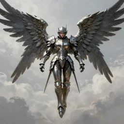 big muscular angel woman, wearing full plate armor, with large mecha wings, flying into the sky, matte painting, brutalist painting, Anthem game, battle angel, single character full body, 4k, illustration, concept art, rule of thirds, centered