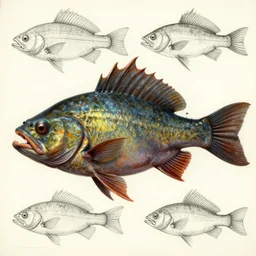 '' fantasy fish, concept art, schematics, gnarly details painted by tom bagshaw, norman rockwell, mucha, gurney''