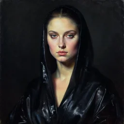 hyperrealism oil painting mixed with classicism, close - up portrait, fashion model, fully clothes in black reflect robe, complete darkness, in style of classicism mixed with 8 0 s sci - fi hyperrealism