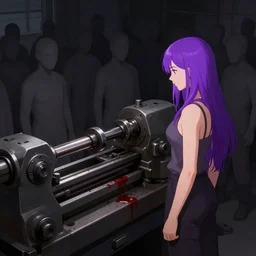 dark tone concept illustration, the only bright color is the purple haired woman standing on the right side of the picture, in the background was a lathe for processing parts, and there were blood stains on the lathe, women are surrounded by a lot of faceless, simple - dressed laborers. artstation trending in 4 k