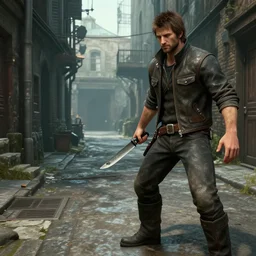 todd howard with a switchblade in a alleyway, forcing you to buy skyrim, threatening, sharp, colorful, digital art, neon, bright, realism, bold