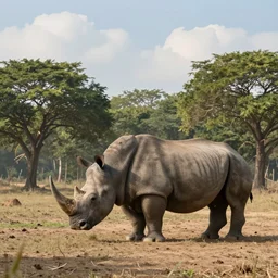 northern broad - leaved forest in the morning, sunny day with clouds, ancient earth, giant rhino roaming