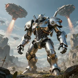 highly detailed elden ring portrait photo of a giant chrome plated robotic golurk in a scenic dystopian environment. a fleet of even bigger massive spacecrafts lift off in the background, starting engines nitro jet drive, hyperrealistic illustration by william didier - pouget