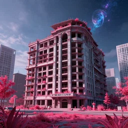 a beautiful photorealistic render of city post office building unfinished building by noah bradley, matte painting at dusk laser anime neon noir infrared otherworldly tokyo junglepunk nature meadow universe galactic, archdaily, wallpaper, highly detailed, trending on artstation.