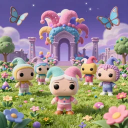 ps 1 funko pop plushies jesters archangels, pastel cute roaming a park garden of lost ruins, against a psychedelic surreal background with 3 d butterflies and 3 d flowers n the style of 1 9 9 0's cg graphics against the cloudy night sky, lsd dream emulator psx, 3 d rendered y 2 k aesthetic by ichiro tanida, 3 do magazine, wide shot