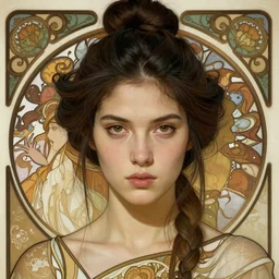 portrait 6 0 - year - old woman, tall, severe - looking, with dark hair tied up in a bun, hyper realistic face, beautiful eyes, fantasy art, in the style of greg rutkowski, intricate, alphonse mucha, hyper detailed, smooth