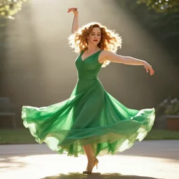 portrait of christina hendricks dancing swirling in the morning sun - rays, green clothes