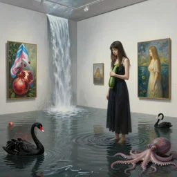 realistic painting of a flooded modern art gallery and a tall emo girl, holding a courgette, paintings on walls, floodwaters with squid ink, trans flag, pomegranates, waterfall from the wall, black swans, octopus, sensual, puddles, zen, surrealist, by magritte and kawase and monet