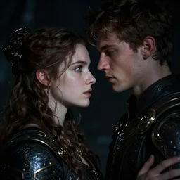 portrait of a beautiful young woman and man teen looking to each other hugging, high detail, partially in shadow, dark fantasy, sci - fi vibe, face, by gaston bussiere, bayard wu, greg rutkowski, auguste bourotte, bastien deharme, masterpiece, sharp focus, cinematic lightning