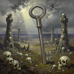 anime key visual of grimdark fantasy world, open battlefield plains, overcast sky with sunrays between clouds, tower of skulls, style of jamie wyeth james gilleard edward hopper greg rutkowski acrylic painting, oil on canvas, preserved museum piece, historical