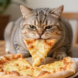 photo of a very fat cat angrily eating a slice of cheesy pizza. nikon d 8 5 0 5 5 mm.