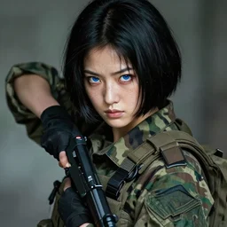 extremely beautiful portrait of a japanese female soldier with short black hair in a bob, freckles, and intense blue eyes, camo clothing, deadly,, beautiful, intense, intricate portrait by greg rutkowski, action pose