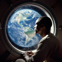 analogue photo of an African tribal man in a spaceship looking at planet earth through its porthole window, photo shot by martha cooper, 35mm,