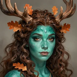 beautiful digital painting of freya allan with teal skin and antlers made from wood on her head, brown curly hair with orange oak leaves, D&D, fantasy, intricate, beautiful eyes, cinematic lighting, highly detailed, digital painting, Artstation, concept art, smooth, sharp focus, illustration, art by Greg Rutkowski and Alphonse Mucha