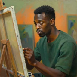 portrait of a black painter staring intently at his canvas, very thoughtful, yet playful, studio, highly detailed oil painting, by edward hopper, soft light 4 k, orange and green colour palette, cinematic composition, cinematic lighting, high quality octane render, masterpiece