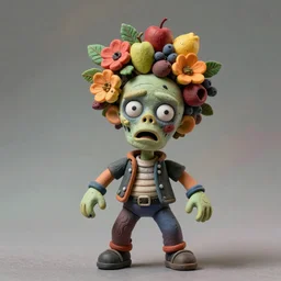 portrait of a zombie punk, head made of fruit and flowers in the style of arcimboldo, photorealistic, dynamic lighting, action figure, clay sculpture, claymation, soft multicolor background