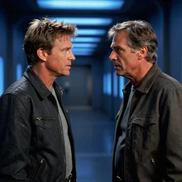 movie still, 1 9 8 0 s, harrison ford and john carpenter talking, sci - fi corridor in the background, hyperdetailed, blue leds