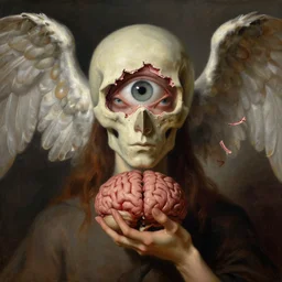 a depiction of 👁 looking into soul eating brains, ripped off seraphim wings, francis bacon. digital painting neo classical art, maya and gaia
