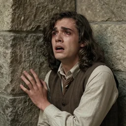 Photograph of an utterly terrified young man with long hair on the verge of panic tears cornered against a stone wall. He is wearing a 1930s attire. He looks utterly panicked and distressed.