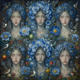breathtaking detailed concept art painting pattern of goddesses of light blue flowers with anxious piercing eyes and blend of flowers and fruits and birds, by hsiao - ron cheng and beto val and john james audubon, bizarre compositions, exquisite detail, extremely moody lighting, 8 k