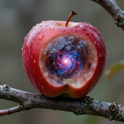 35mm photo of an intricate!! Red apple that has transparent skin and a nee universe visible inside, growing off a tree branch. very detailed, 8k, fantasy horror, award winning, hr giger.