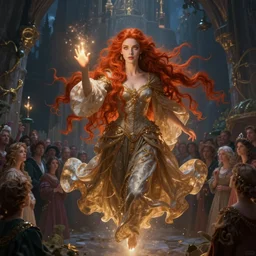 Fantastic, fairytale painting, Beautiful, sorceress, long flowing red hair, intense glowing eyes, light emitting from fingetips, hovering, ornate gown, royalty, surrounded by a crowd of people, onlookers, kingdom