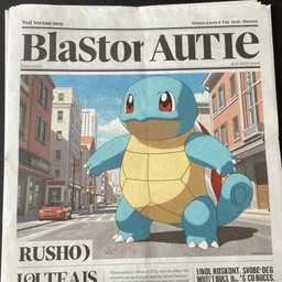 the newspaper says, that a blastoise has arrived in town, shows a picture of him in the headlines