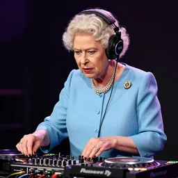 queen Elizabeth at a rave wearing headphones, DJing with DJ turntables, photoreal
