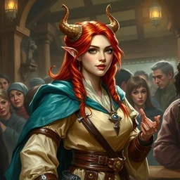a young shy smile red head bard woman korean demon, speaking to a crowd in a tavern, ( ( ( colorful leather armor ) ) ) cream blouse, teal cloak, portrait by daniel docciu and dave dorman and artgerm