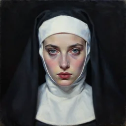 hyperrealism oil painting mixed with 8 0 s sci - fi art, complete darkness background, close - up face portrait from above, nun fashion model, lost her faith