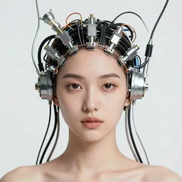 very beautiful woman integrating with technology, full face frontal centered, portrait, insipiring, detailed intricate ornate cables connected to head, big open electric eyes, luxurious detailed abundent wiring and implants, diamonds, ruby, sci - fi, neon, emeralds, detailed technology background with cyber flowers and insects, highly detailed, artstation, 8 k, by lalique, rene