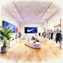 watercolor ink painting, artistic, masterful, atmospheric stylized lighting!!!!!!!!!! ( ( ( ( ( brutalist neon flagship nike store, white walls. timber floor. low ceilings with spots. curved furniture, with large digital screen. display tables with shoes and clothes, large plants, large digital screens on the walls ) ) ) ) )